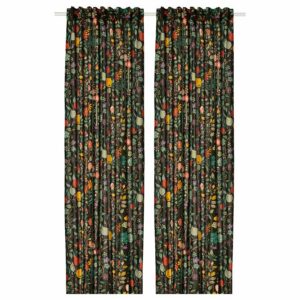 VILDPERSILJA Curtains, 1 pair, white multicolour/floral pattern with heading tape, 145x300 cm